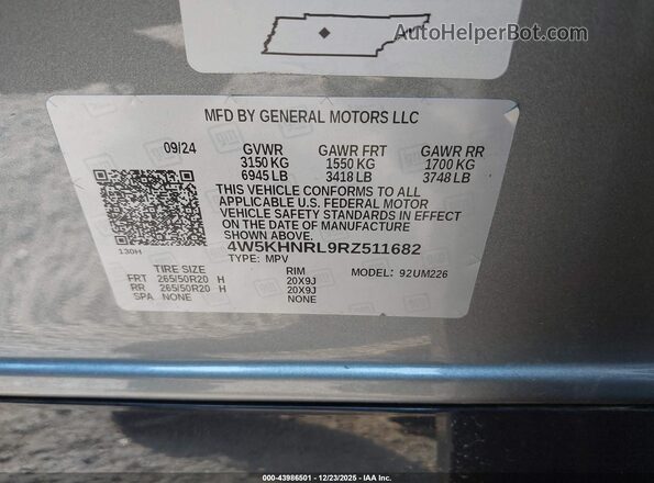 4W5KHNRL9RZ511682 2024 ACURA ZDX Gray VIN კოდის სტიკერის ხედი