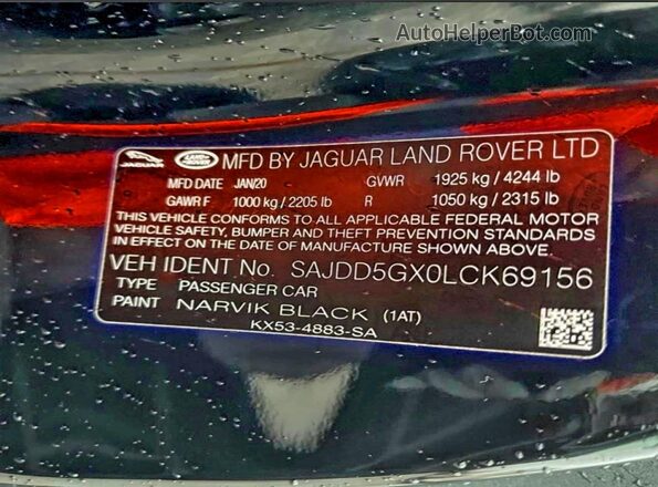 SAJDD5GX0LCK69156 2020 JAGUAR F-TYPE Black Vista interior trasera