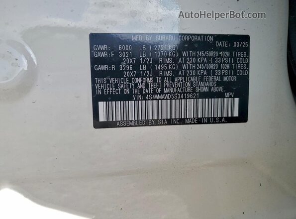 4S4WMAWD5S3419621 2025 SUBARU ASCENT White Панорамний вид салону 360°