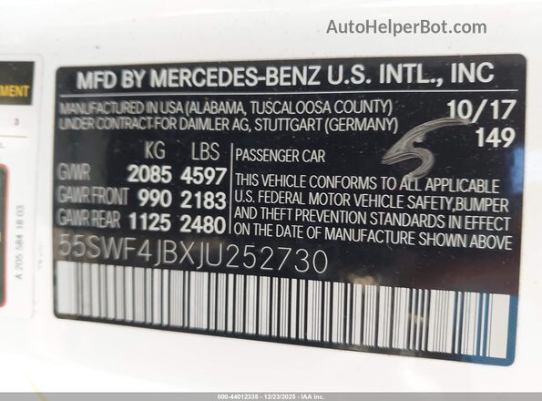 55SWF4JBXJU252730 2018 MERCEDES-BENZ C-CLASS Белый 