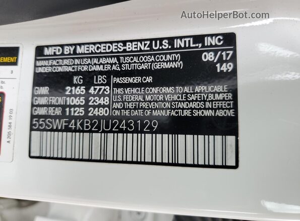 55SWF4KB2JU243129 2018 MERCEDES-BENZ C White 