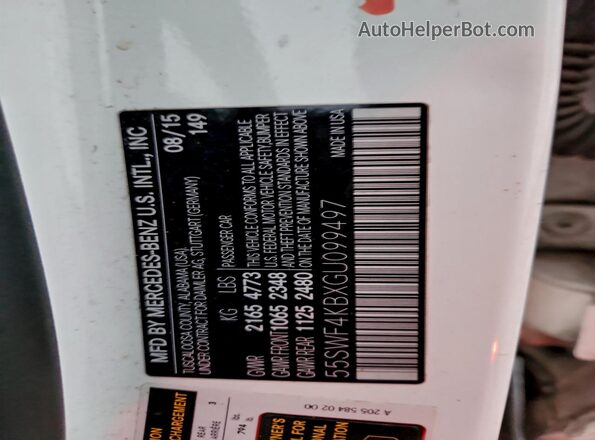 55SWF4KBXGU099497 2016 MERCEDES-BENZ C White VIN sticker view