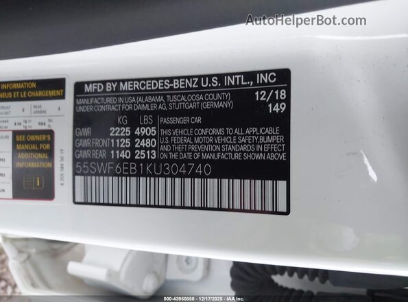 55SWF6EB1KU304740 2019 MERCEDES-BENZ AMG C 43 White Вид підкапотного простору