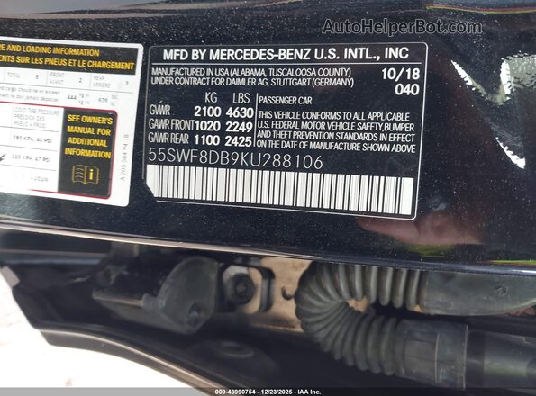 55SWF8DB9KU288106 2019 MERCEDES-BENZ C-CLASS Черный Вид подкапотного пространства