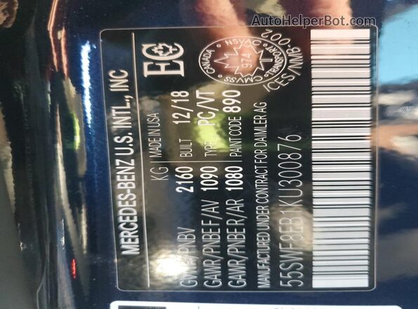 55SWF8EB1KU300876 2019 MERCEDES-BENZ C Blue VIN კოდის სტიკერის ხედი