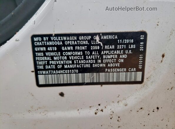 1VWAT7A34HC031370 2017 VOLKSWAGEN PASSAT White VIN կոդի պիտակի տեսք