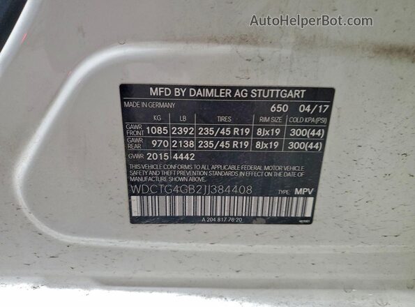 WDCTG4GB2JJ384408 2018 MERCEDES-BENZ GLA White 