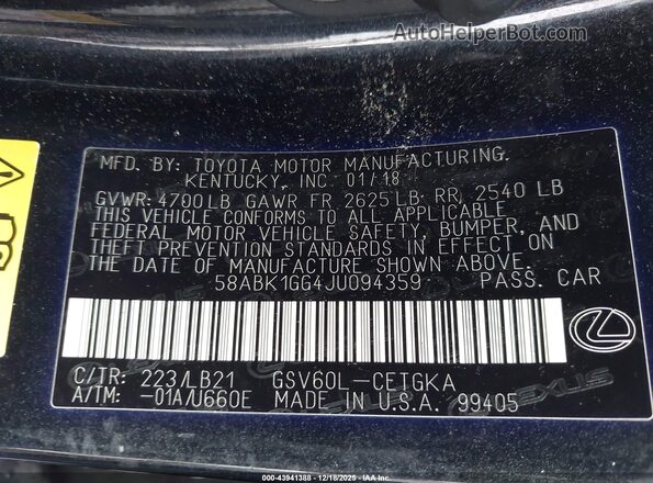 58ABK1GG4JU094359 2018 LEXUS ES 350 Black 