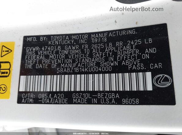 58ABZ1B14KU004000 2019 LEXUS ES 350 White Widok komory silnika