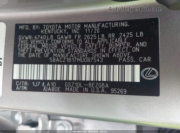 58ACZ1B17MU087543 2021 LEXUS ES 350 Gray Widok komory silnika
