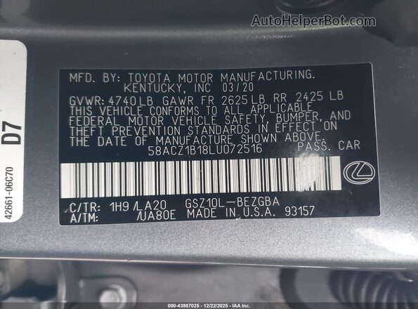 58ACZ1B18LU072516 2020 LEXUS ES 350 Gray 