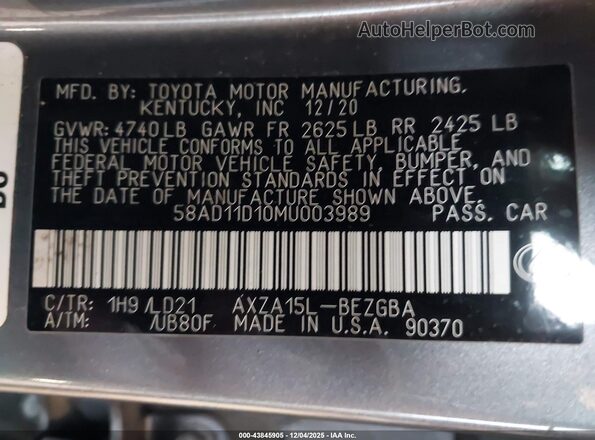 58AD11D10MU003989 2021 LEXUS ES 250 Gray Engine compartment view