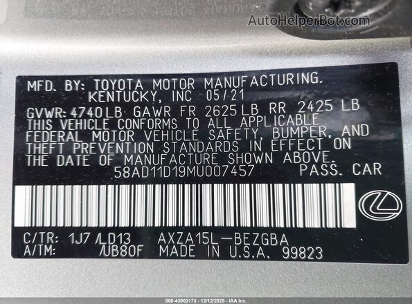 58AD11D19MU007457 2021 LEXUS ES 250 Gray Widok komory silnika