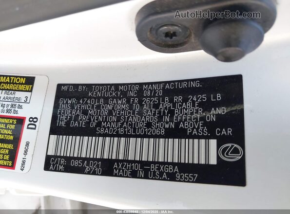 58AD21B13LU012068 2020 LEXUS ES 300H White ძრავის განყოფილების ხედი