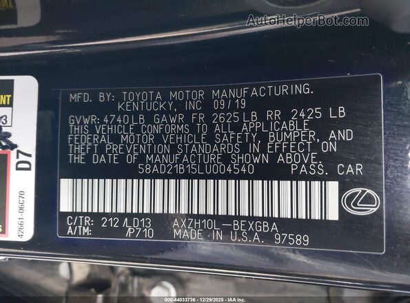 58AD21B15LU004540 2020 LEXUS ES 300H Black Вид підкапотного простору