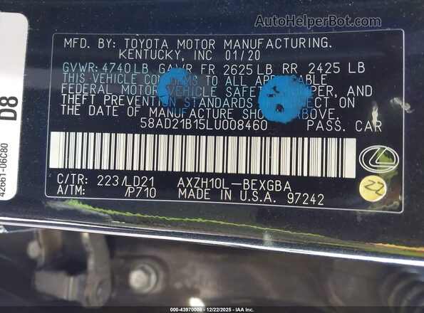 58AD21B15LU008460 2020 LEXUS ES 300H Черный Вид подкапотного пространства