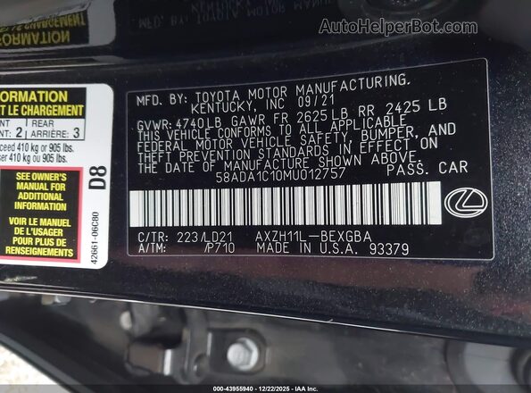 58ADA1C10MU012757 2021 LEXUS ES 300H Черный Вид подкапотного пространства