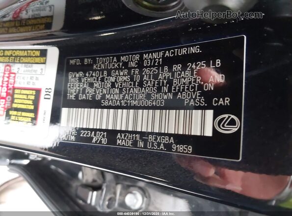 58ADA1C11MU006403 2021 LEXUS ES 300H Black Вид підкапотного простору
