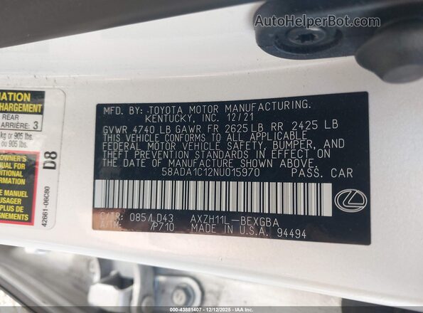 58ADA1C12NU015970 2022 LEXUS ES 300H White Widok komory silnika