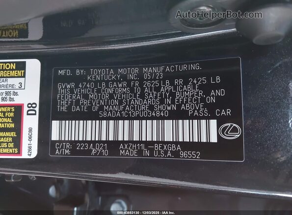58ADA1C13PU034840 2023 LEXUS ES 300H Black Engine compartment view
