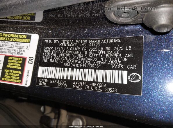 58ADA1C14PU030361 2023 LEXUS ES 300H Blue ძრავის განყოფილების ხედი