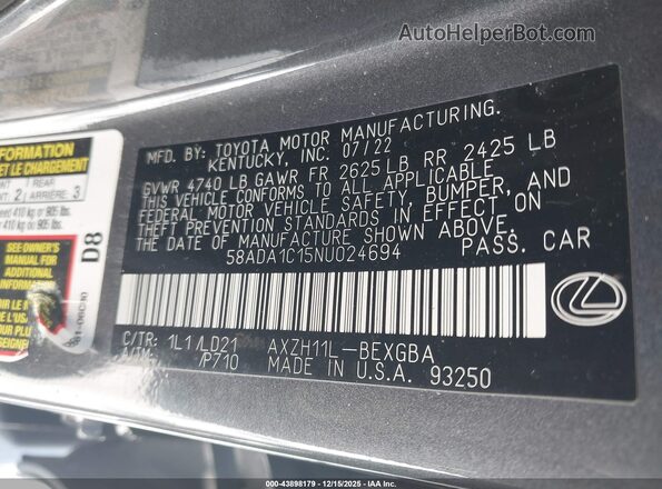 58ADA1C15NU024694 2022 LEXUS ES 300H Gray Շարժիչի բաժամունքի տեսք