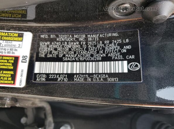 58ADA1C16PU036288 2023 LEXUS ES Black Vista de la etiqueta del VIN