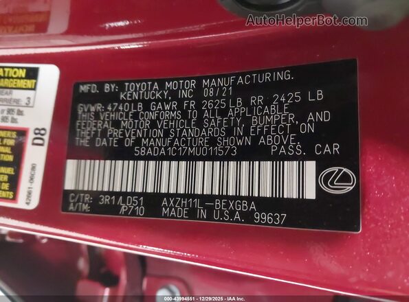 58ADA1C17MU011573 2021 LEXUS ES 300H Red Widok komory silnika