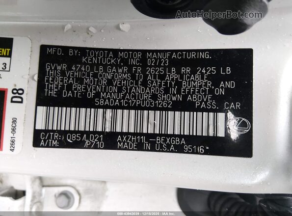 58ADA1C17PU031262 2023 LEXUS ES 300H White Vista del compartimento del motor
