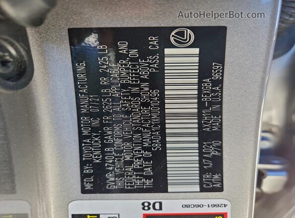 58ADA1C1XMU010496 2021 LEXUS ES Silver ძრავის განყოფილების ხედი