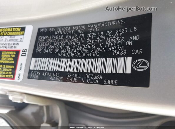 58ADZ1B10LU064303 2020 LEXUS ES 350 Gold 