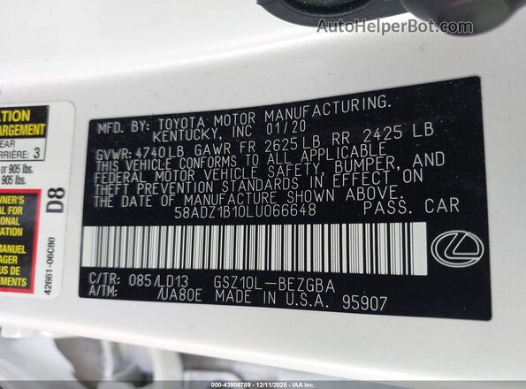 58ADZ1B10LU066648 2020 LEXUS ES 350 White 