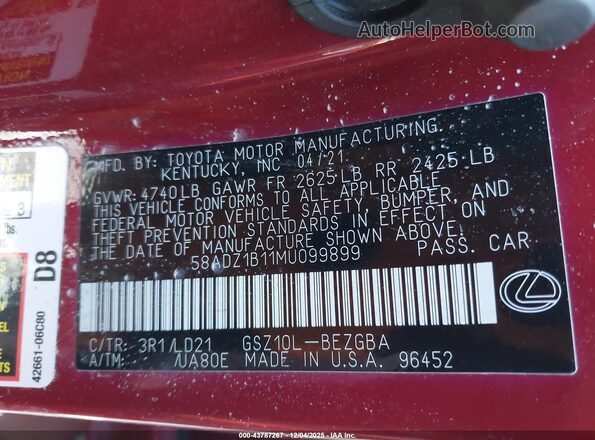58ADZ1B11MU099899 2021 LEXUS ES 350 Red Widok komory silnika
