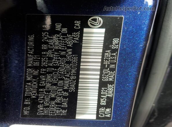 58ADZ1B11MU103661 2021 LEXUS ES Blue Vista del compartimento del motor