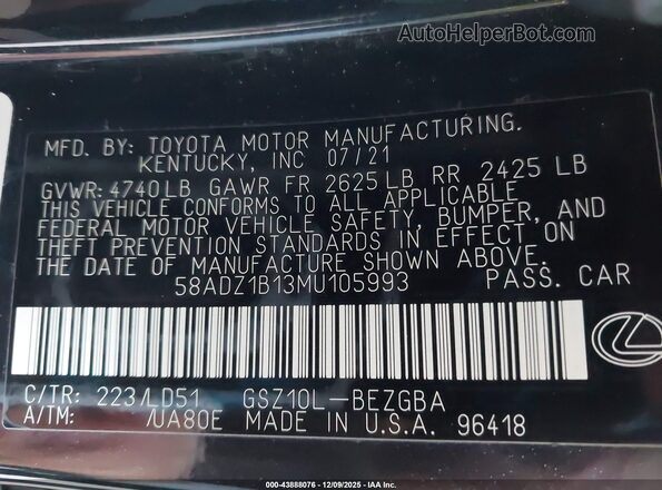 58ADZ1B13MU105993 2021 LEXUS ES 350 Black Widok komory silnika