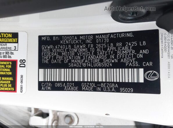 58ADZ1B14LU065924 2020 LEXUS ES 350 White 