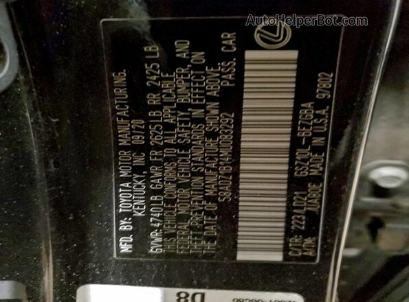 58ADZ1B14MU083292 2021 LEXUS ES Black VIN կոդի պիտակի տեսք