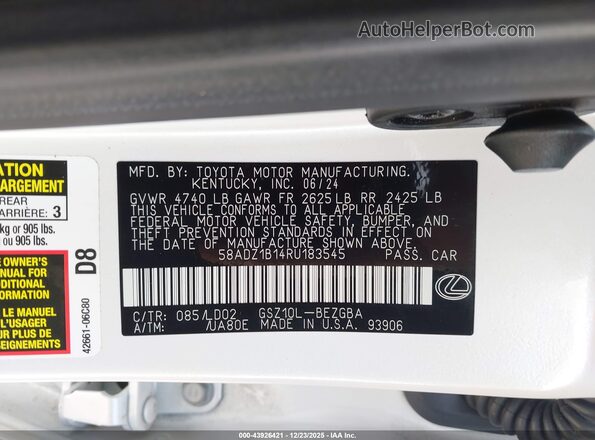 58ADZ1B14RU183545 2024 LEXUS ES 350 White Vista del compartimento del motor