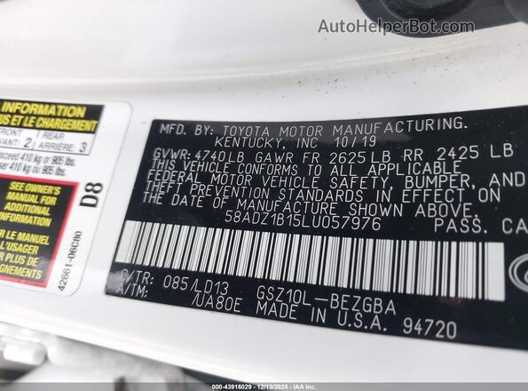 58ADZ1B15LU057976 2020 LEXUS ES 350 White 