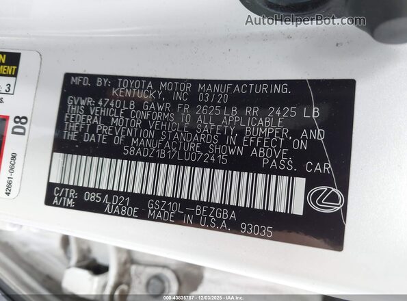 58ADZ1B17LU072415 2020 LEXUS ES 350 White Widok komory silnika