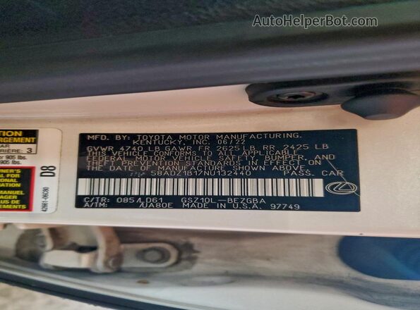 58ADZ1B17NU132440 2022 LEXUS ES White VIN sticker view