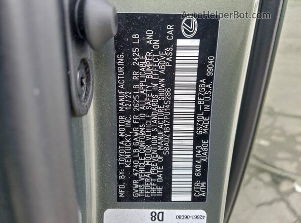 58ADZ1B17PU145286 2023 LEXUS ES Зеленый Вид наклейки с VIN-кодом