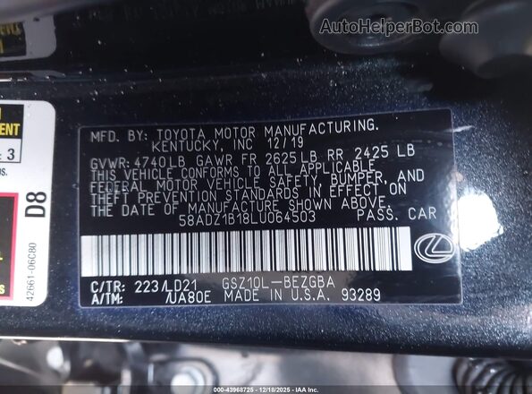 58ADZ1B18LU064503 2020 LEXUS ES 350 Black Vista del compartimento del motor