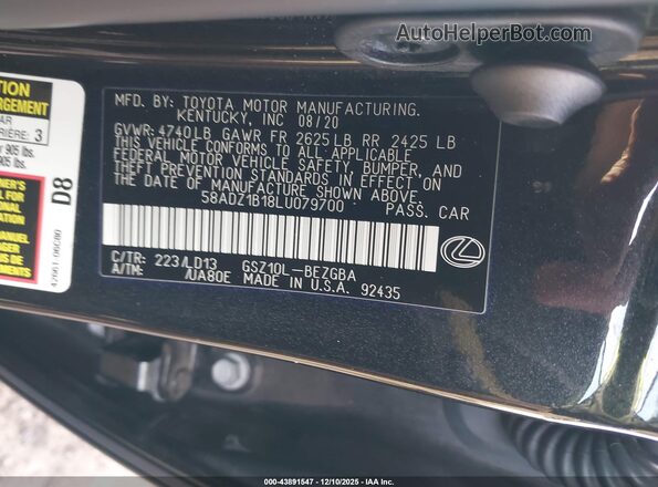 58ADZ1B18LU079700 2020 LEXUS ES 350 Gray 