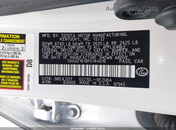 58ADZ1B18PU144616 2023 LEXUS ES 350 White Вид підкапотного простору