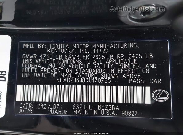 58ADZ1B18RU170765 2024 LEXUS ES 350 Black Widok komory silnika