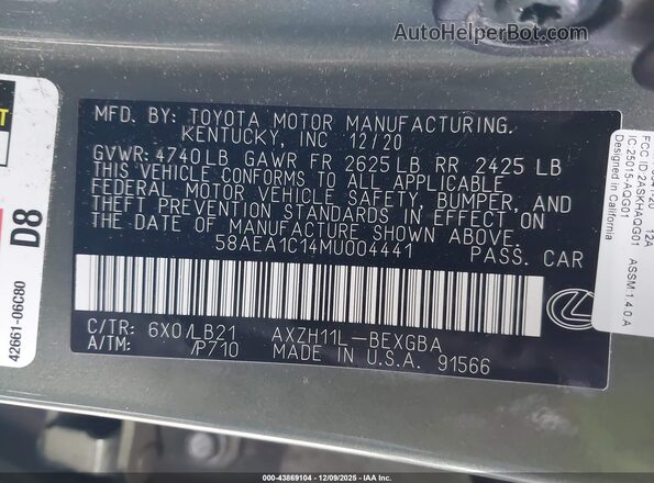 58AEA1C14MU004441 2021 LEXUS ES 300H Green ძრავის განყოფილების ხედი
