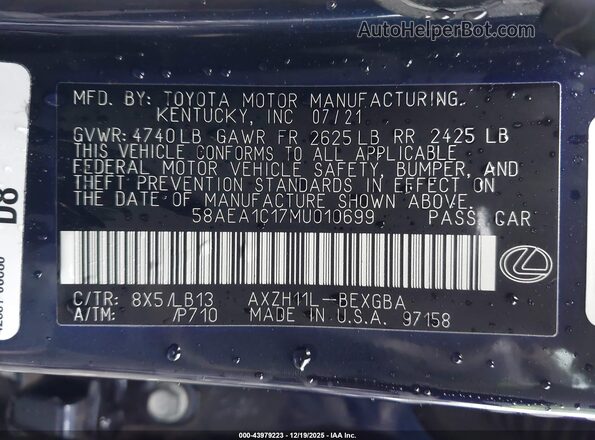 58AEA1C17MU010699 2021 LEXUS ES 300H Blue Vista del compartimento del motor