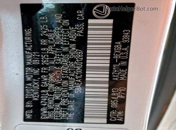 58AEA1C1XMU012897 2021 LEXUS ES Белый 