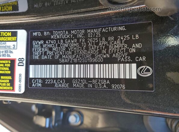 58AFZ1B12SU199600 2025 LEXUS ES Черный Вид наклейки с VIN-кодом